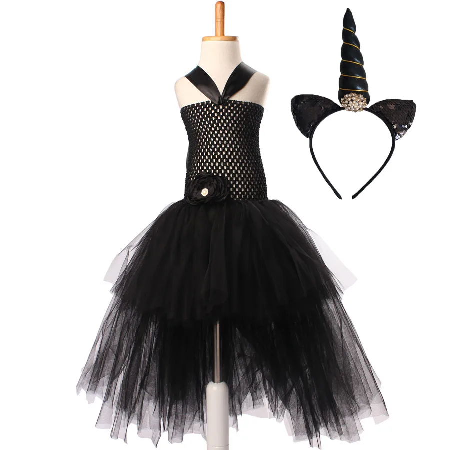 Черное платье-пачка с единорогом для девочек; Детский костюм на день рождения и Хэллоуин; детское бальное платье принцессы с цветочным рисунком и повязкой на голову