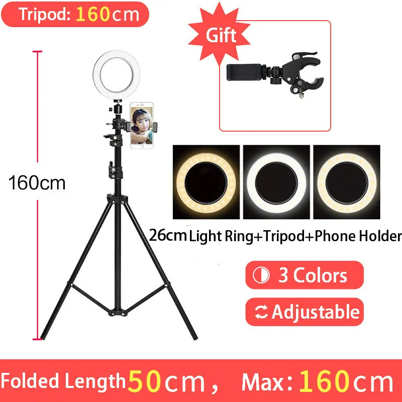 

Photography LED Selfie Ring Light 16/26cm three-speed Stepless Lighting Dimmable With Cradle Head For Makeup Video Live Studio