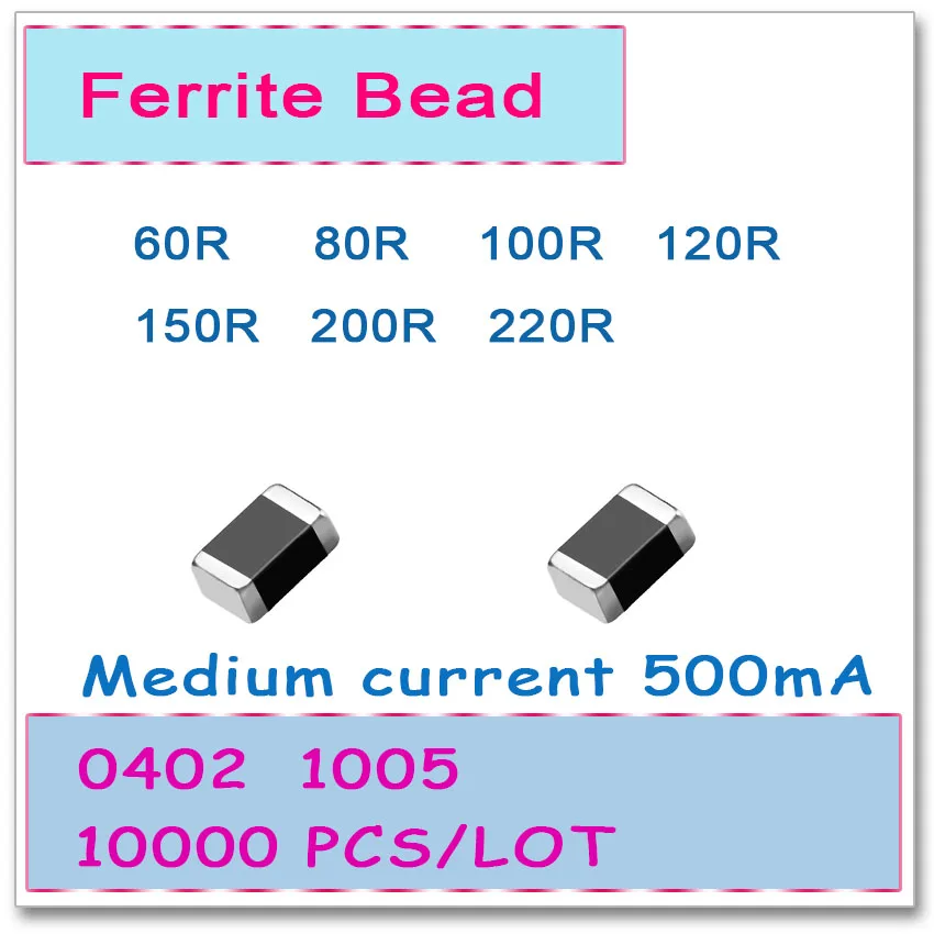 

JASNPROSMA 0402/1005 100MHZ 10000PCS 500mA Medium current SMD Ferrite Bead 60R 80R 100R 120R 150R 200R 220R 25% FB High quality