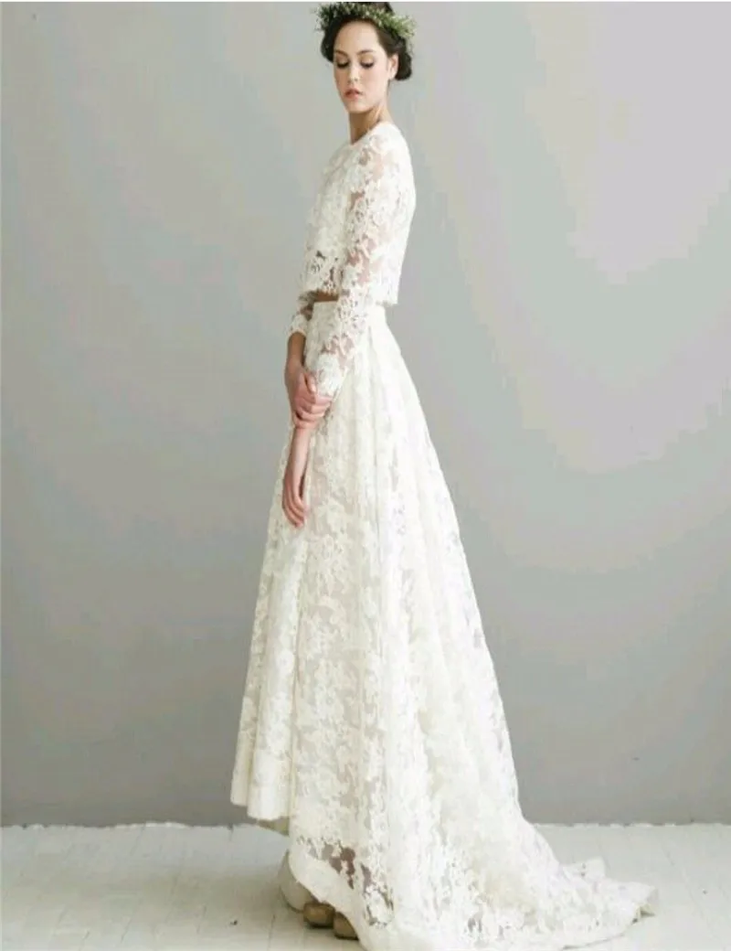 Hot-Selling-Boho-Wedding-Dress-Long-Sleeve-Lace-High-Neck-Floor-Length-Two-Piece-Front-Short