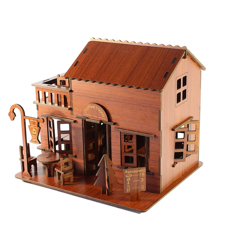 

Great European Style Coffee Shop 3D Wooden Assembles Three-dimensional Puzzle Children Model Puzzle Bois Enfant 3d Puzzle House