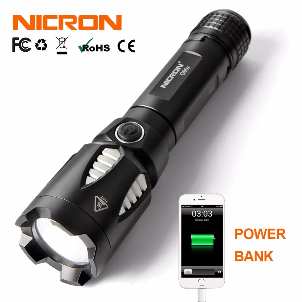 

NICRON 9W LED Flashlight Portable Waterproof IPX8 Waterproof Long Beam Ultra High Bright 5 Modes Power Bank LED Torch G90