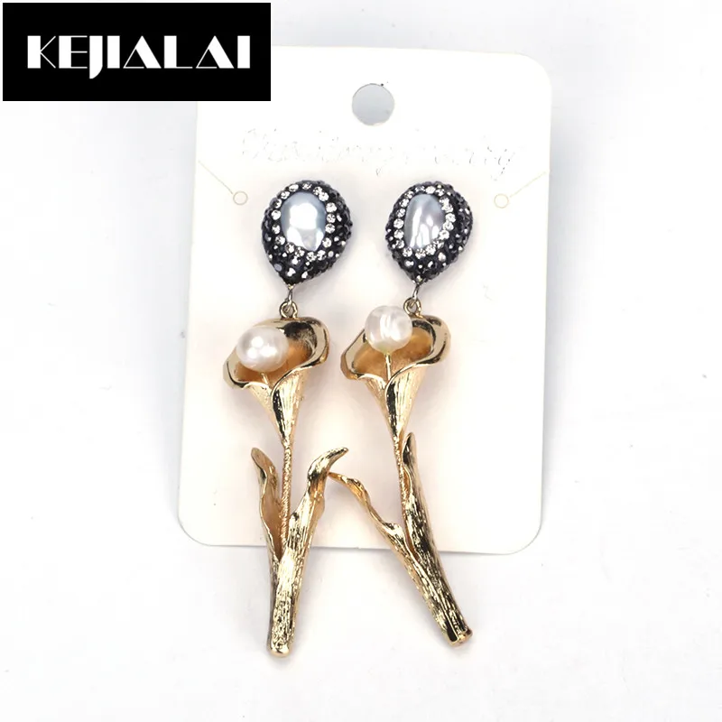 

KEJIALAI Lily Flower Women Earring Gold Color Pendant Big Dangling Earrings Freshwater Pearl Bead Best Gift for Elegent Girls