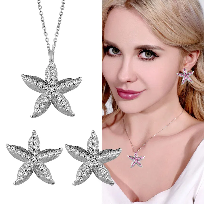 

SINLEERY Fashion Cute Starfish Jewelry Set Silver Color Animal Rhinestone Pendant Necklace And Stud Earring 2pcs/set TZ449 SSI