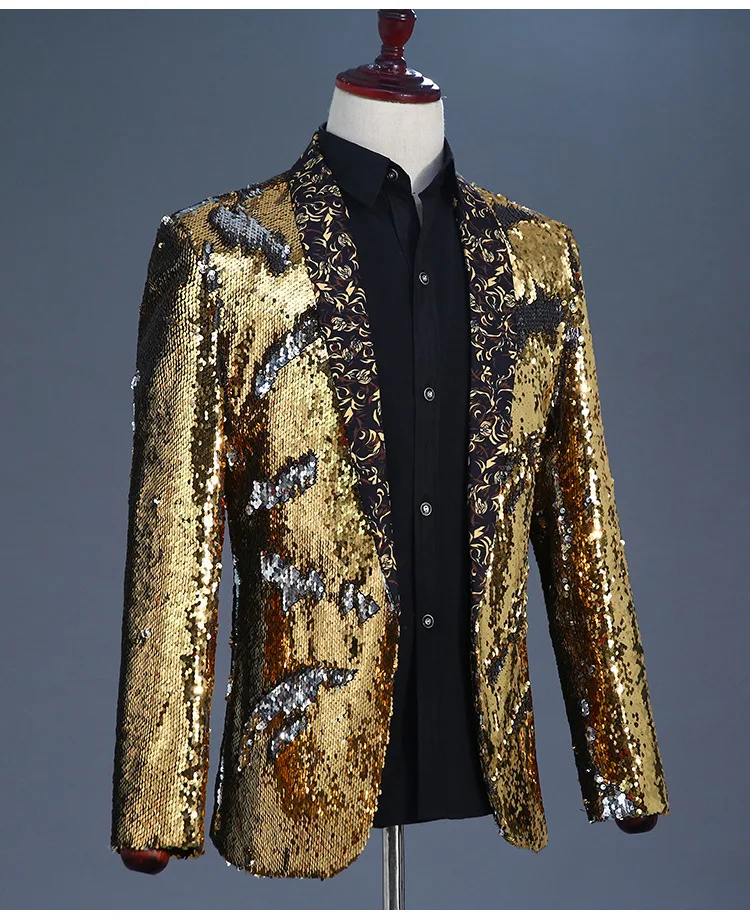 2019 стильный мужской блейзер золотого цвета с двойными блестками, сценический для певца костюм для ночного клуба, Свадебный костюм жениха