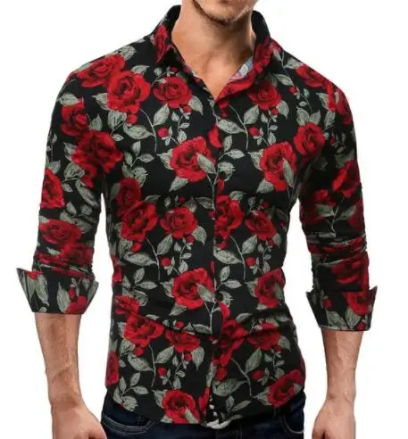 SHUJIN Мужская Повседневная рубашка с длинным рукавом, модная Цветочная рубашка с 3D принтом розы, приталенная рубашка с отложным воротником, мужская одежда - Цвет: color 1