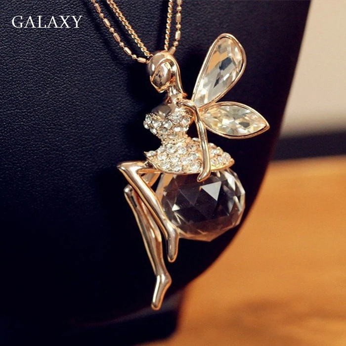 

GALAXY Latest Fashion Delicate Angel Crystal Ball Pendant Long Chain Necklace Women's Trendy Sweater Decoration Accessory YN220