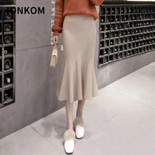 IONKOM элегантная уличная юбка с оборками и подолом рыбий хвост эластичная миди-юбка с высокой талией женские осенние зимние повседневные трикотажные юбки