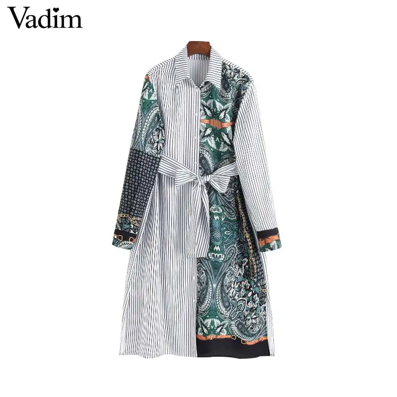 

Vadim women chic paisley striped shirt dress long sleeve side split bow tie sashes female casual loose vestidos mujer QB026