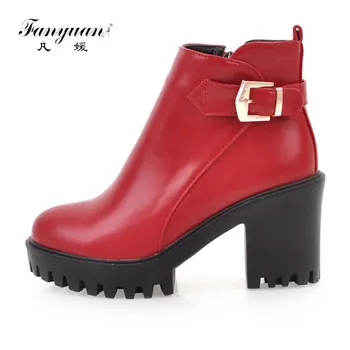 

Fanyuan 2018 PU Leather Boots Soft Leather Women Ankle Boots Thick High Heel Boots Sexy Women Platform Boots Autumn And Spring
