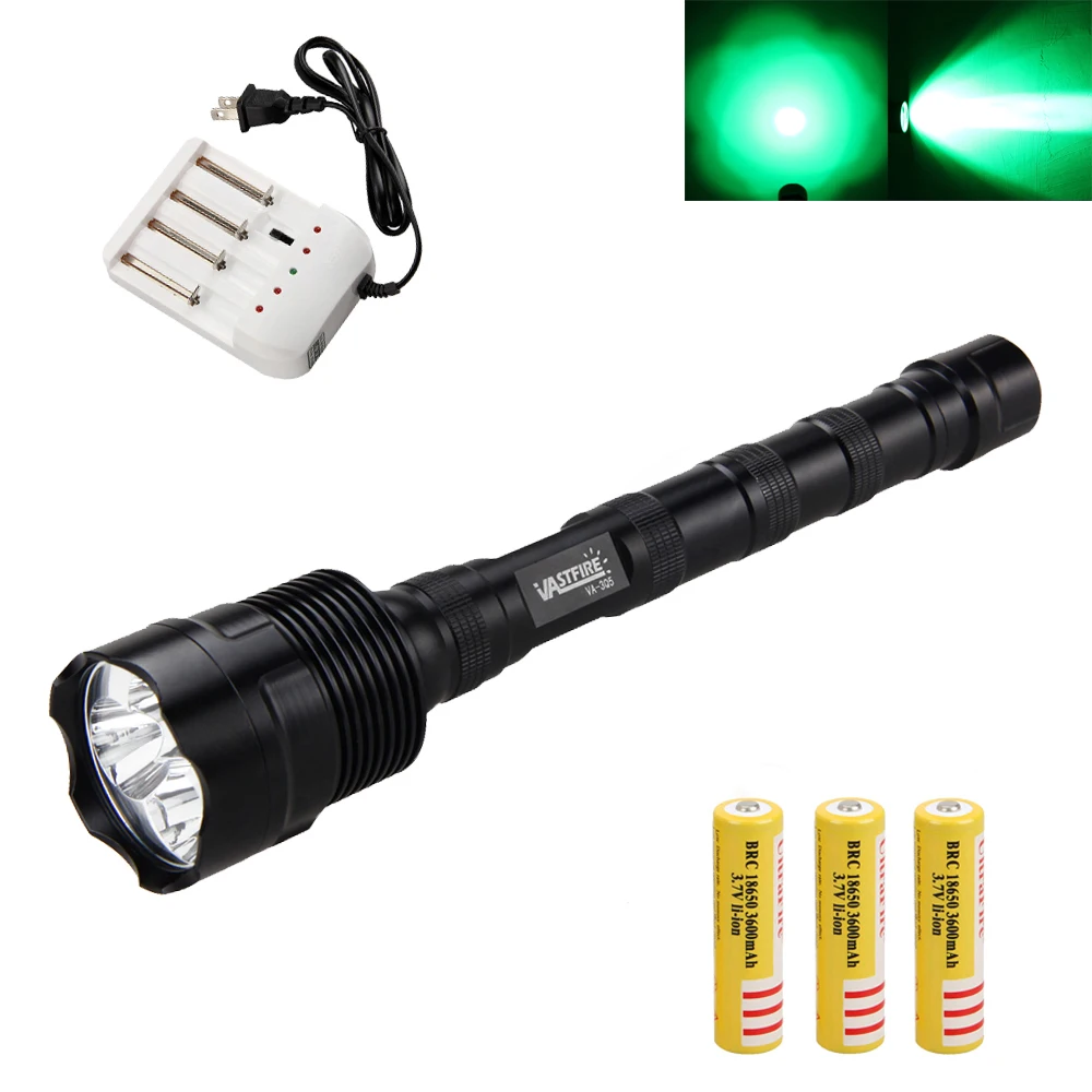 

VASTFIRE Green/Red 3800LM 3x Q5 LED Flashlight Light Hunting Torch 3x18650+Charger