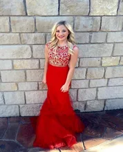2016 helle rot zwei Stücke Brautkleider mit Appliques Sleeveless Sheer O-Ansatz Lace Up bodenlangen Chiffon Abend Party Kleider