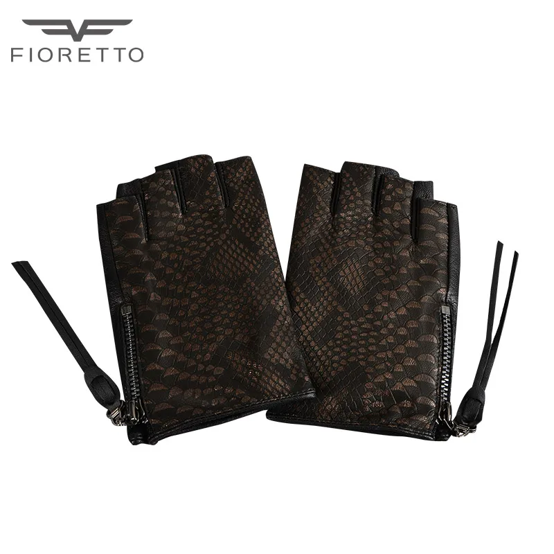 FIORETTO Snake Textured Leather Fingerless Gloves Womens Unlined Half Finger Printing Leather Driving Gloves for Ladies Luxury Half Palm Opera Gloves Black Blue Green