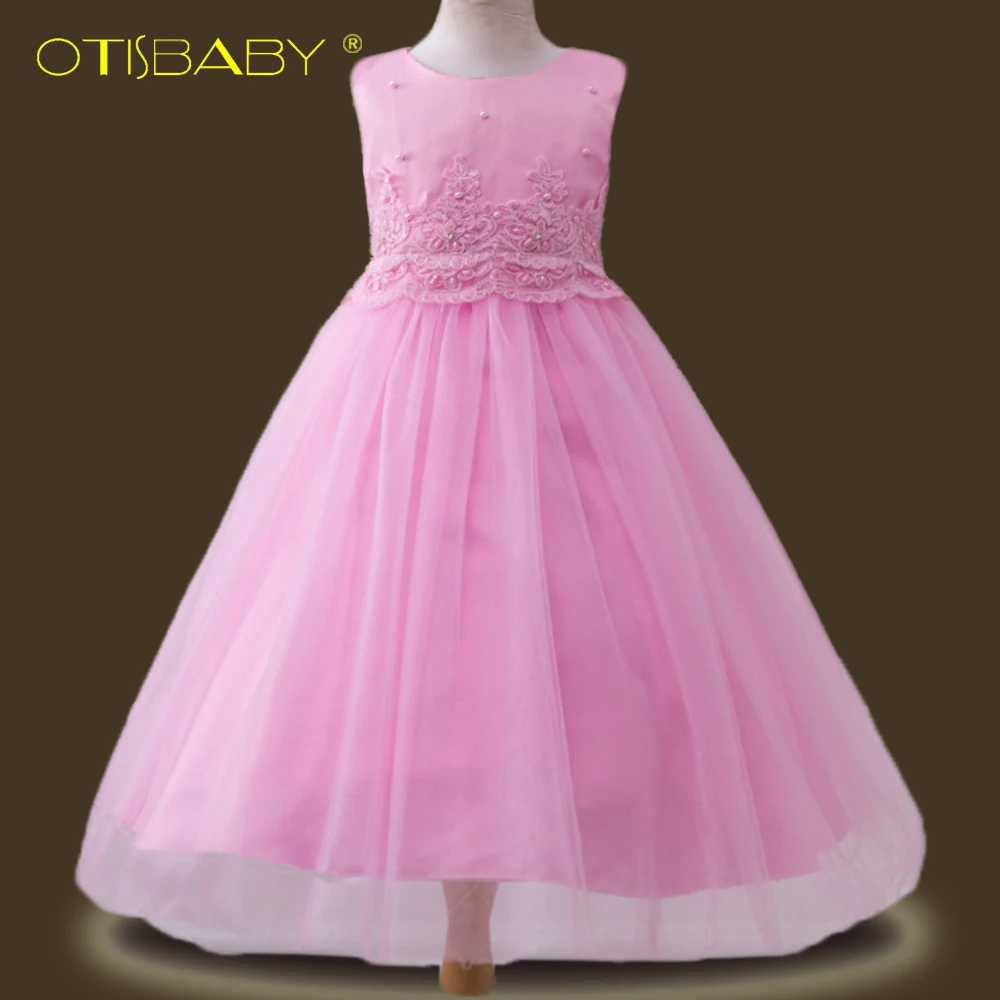

Custom New Years Girls Lace Dresses With Pearl Spring Kids Embroidery Ball Gown Formal Children Flower Party Dress 2 - 12 Years