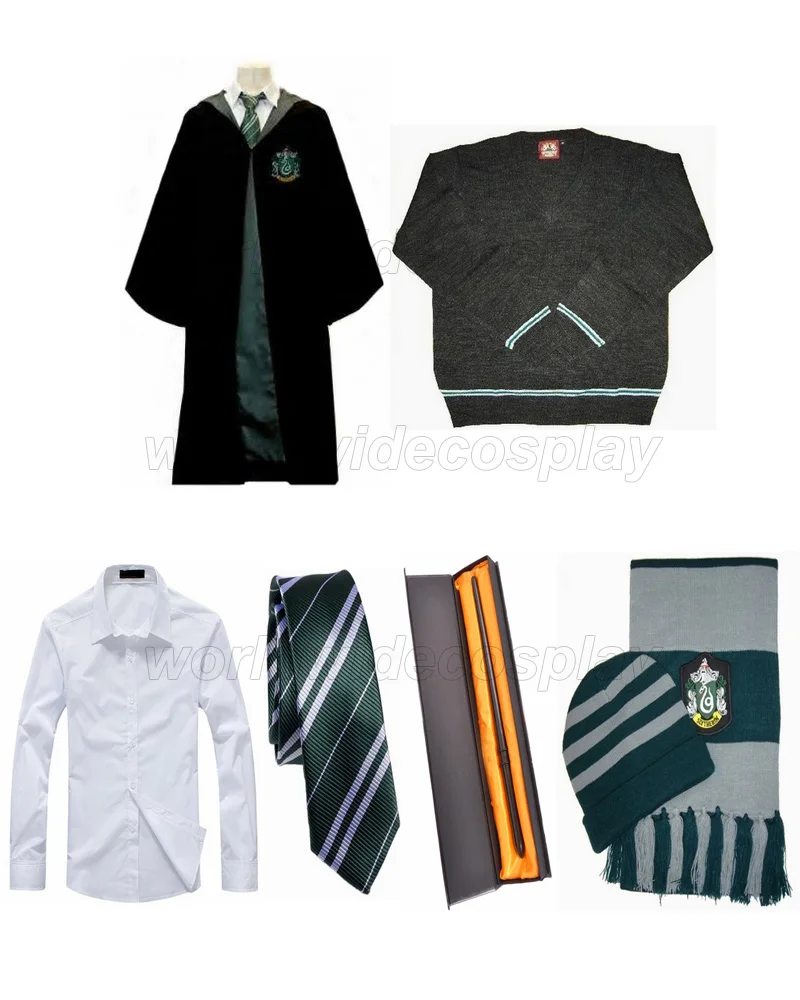 

Free Shipping Harry Slytherin Robe Sweater Shirt Hat Scarf Draco Malfoy Wand for Christmas and Halloween