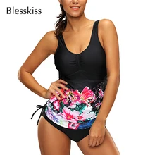 Blesskiss размера плюс, 2 шт., танкини, купальники для женщин,, цветочный принт, Ретро стиль, одежда для плавания, большой размер, купальник, купальник, бикини, рубашка