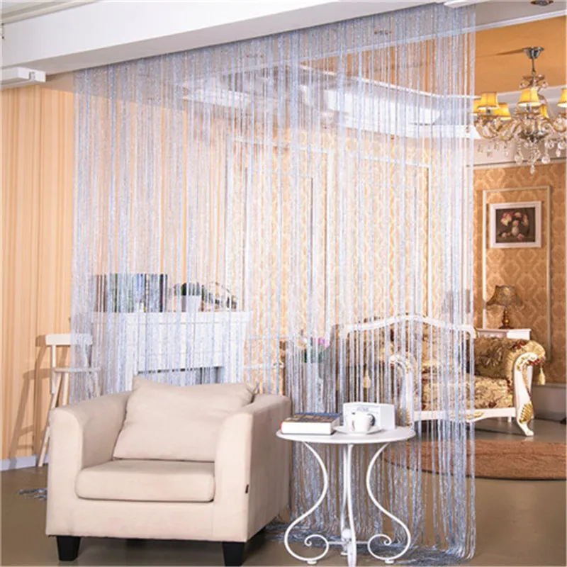 Decoración del hogar 100x200 cm borla brillante Flash línea de plata cortina ventana divisor transparente cortina puerta tratamiento