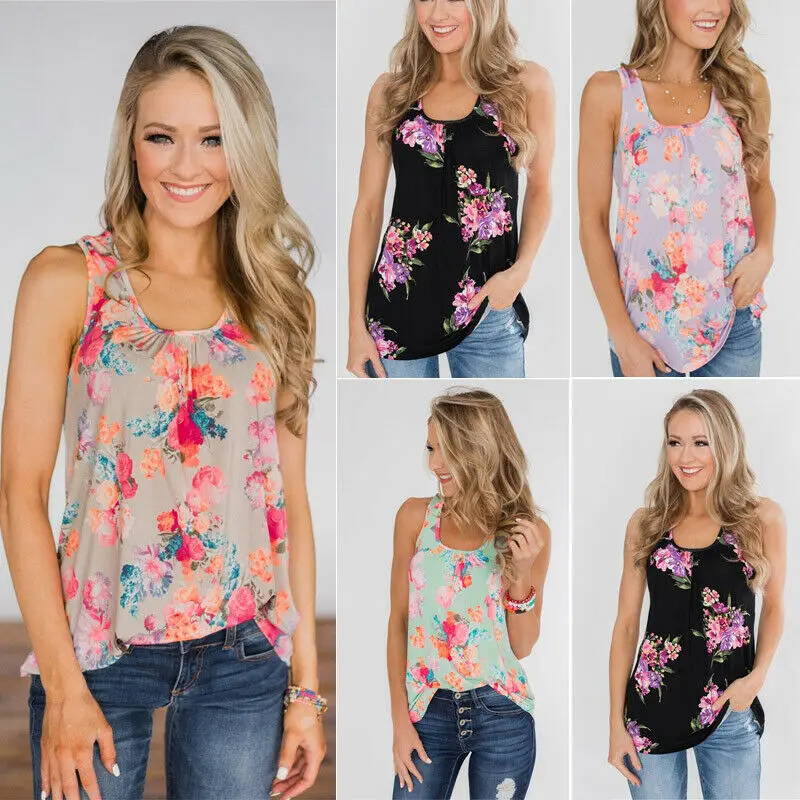 

2019 Women Summer Loose Sleeveless Floral Casual Tank Top T-Shirt Vest Clothes