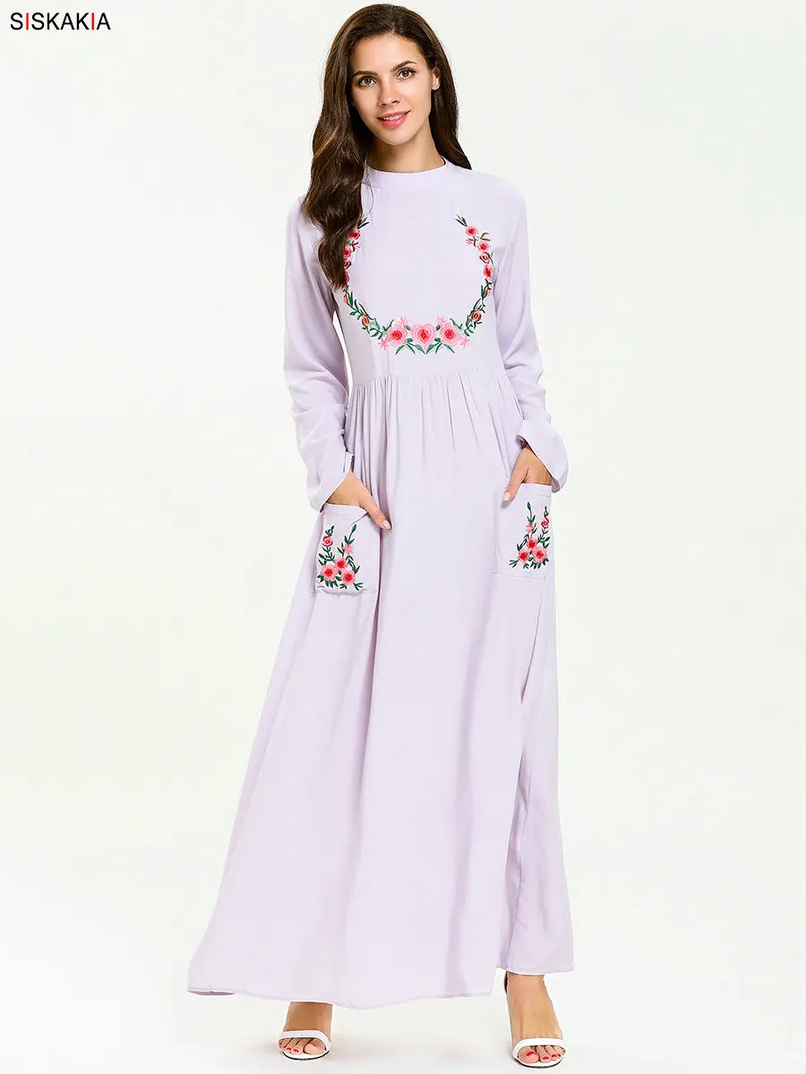 Mother Daughter Dresses Fall Cute Pockets Patch Floral Embroidery Full Sleeve Dress Elegant Family Matching Clothes Muslim