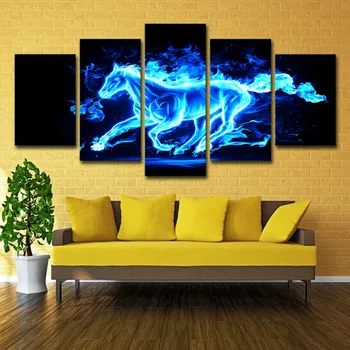 

Canvas Pictures Modular Wall Art HD Prints Posters Framework 5 Pieces Sets Blue Flame Horse Paintings Home Decor For Living Room