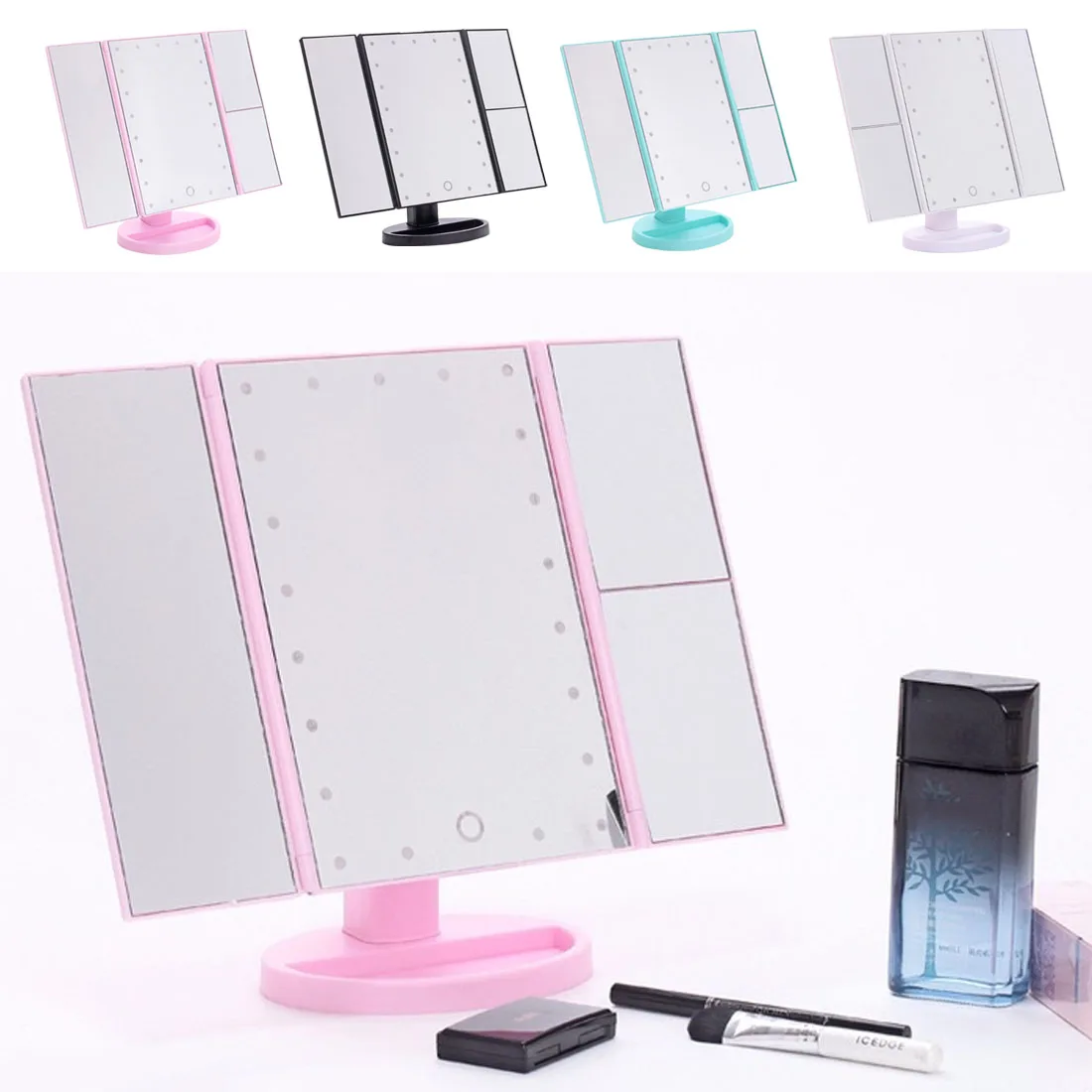 

Desktop Touch-Lighting Up Touch Screen Magnifiying 3 Folding Adjustable Beauty Mirror Makeup with LED Light Mirror.