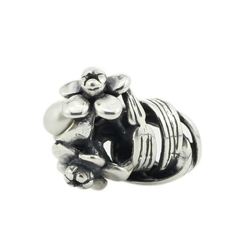 

Genuine 925 Sterling Silver Daffodil of March With White Pearl Charm Bead Fits European 3.0mm Bracelet Jewelry