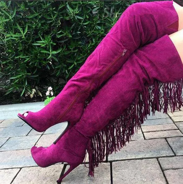 2017 Spring LTTL brand shoes rose red color peep toe tassels over the knee boots stiletto high heels suede over the knee boots