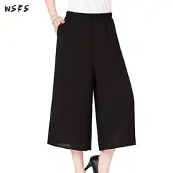 Летние черные широкие брюки среднего возраста женские брюки 2019 тонкие винтажные Свободные повседневные женские брюки с высокой талией