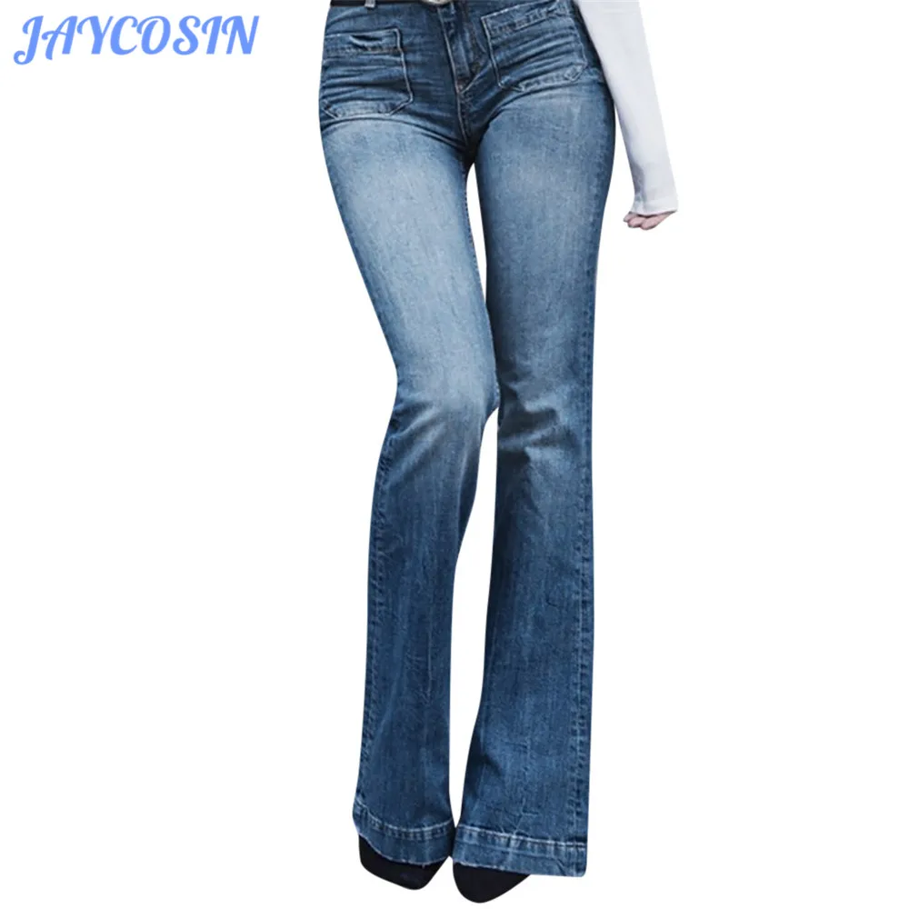 

JAYCOSIN Women Clothes Loose Flare Jeans Ladies Fashion Casual Double Pocket Elastic Plus Size Denim Trousers Slim Autumn Pants