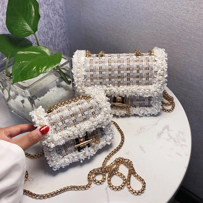 

2019 Winter Fashion New Female Square Tote bag Quality Woolen Pearl Women's Designer Handbag Ladies Chain Shoulder Crossbody Bag