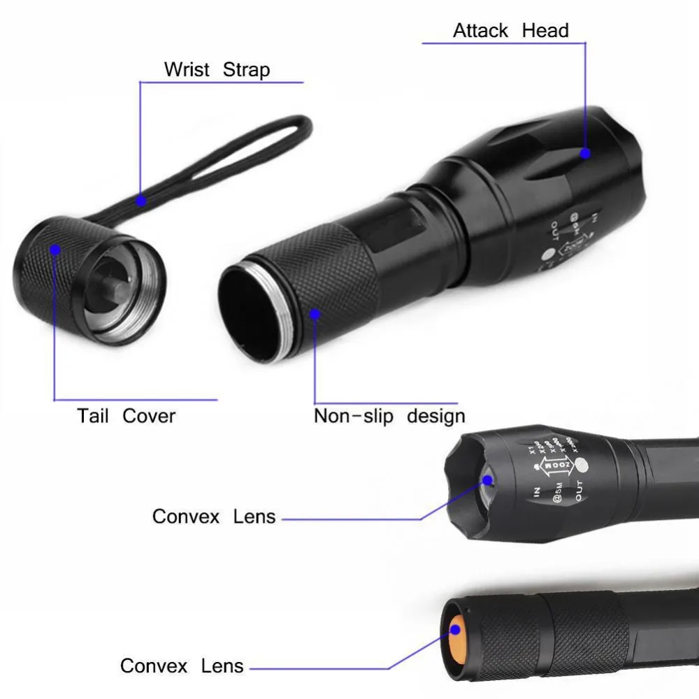 Светодиодный фонарик факел Алюминий Водонепроницаемый фонарик с функцией зума T6 5 Режим ночник 15000LM Портативный