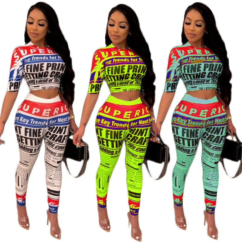 

Two Piece Set Newspaper Tracksuit Print Crop Top Leggings Short Sleeve T-shirt Pant Sportswear Bodycon Tee Top Bodysuit Clothing