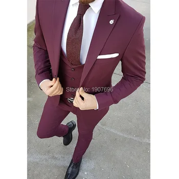 

Burgundy Slim Fit Men Suits for Groomsmen Tuxedos Peaked Lapel Blazer Latest Classic Style Three Piece Set Jacket Pants Vest