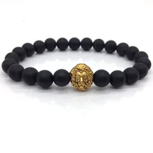 Hot Trendy Men Bracelet Lion Head Charm Bracelet 8mm Stone Bead For Men Jewelry Gift pulsera hombres
