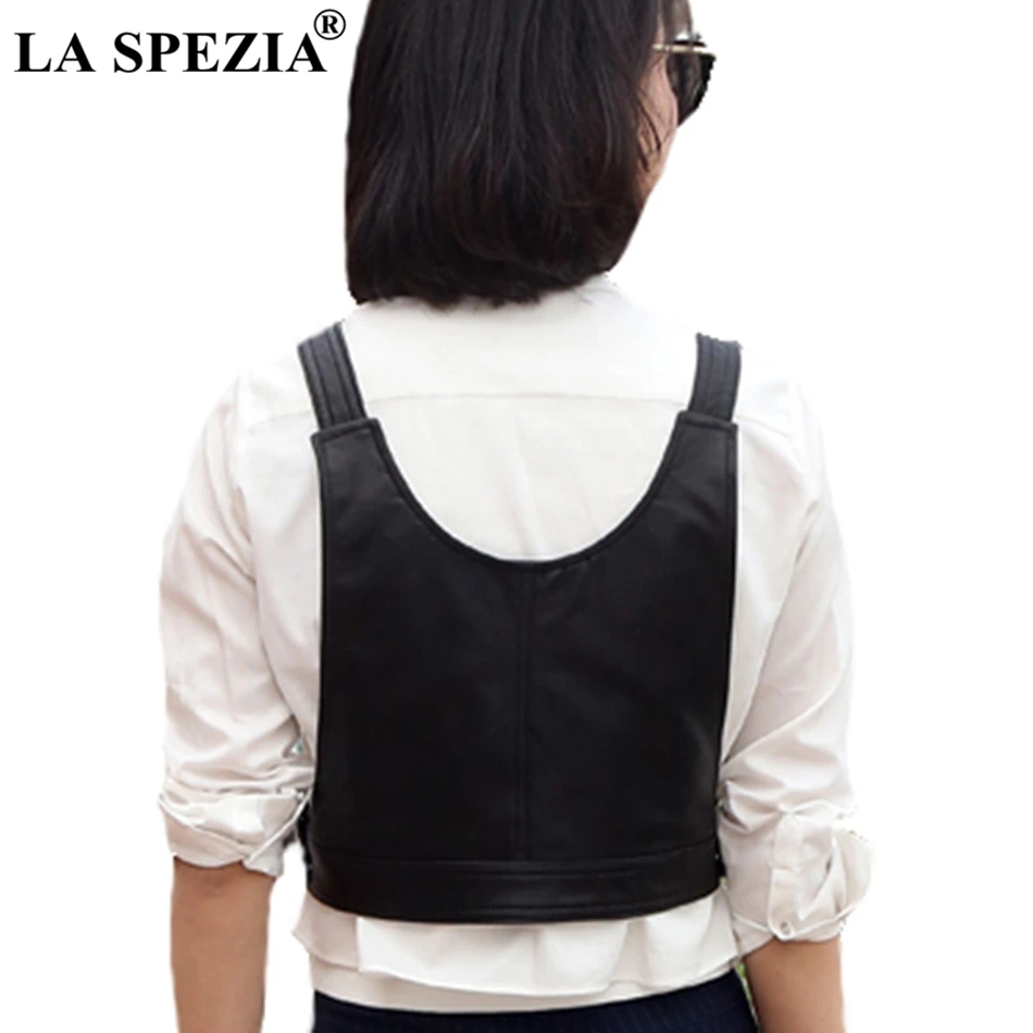 LA SPEZIA Women's Vests Black Short Army Sleeveless Jacket Female Plain Genuine Sheepskin Leather Military Ladies Spring Gilet