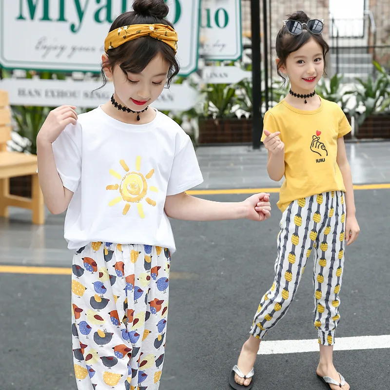 

Summer Girls Boutique Outfits 2019 Cotton Short Sleeve Shirt + Floral Pant 2pcs Teenage Girls Clothes 8 To 12 Years Kids Teens 9