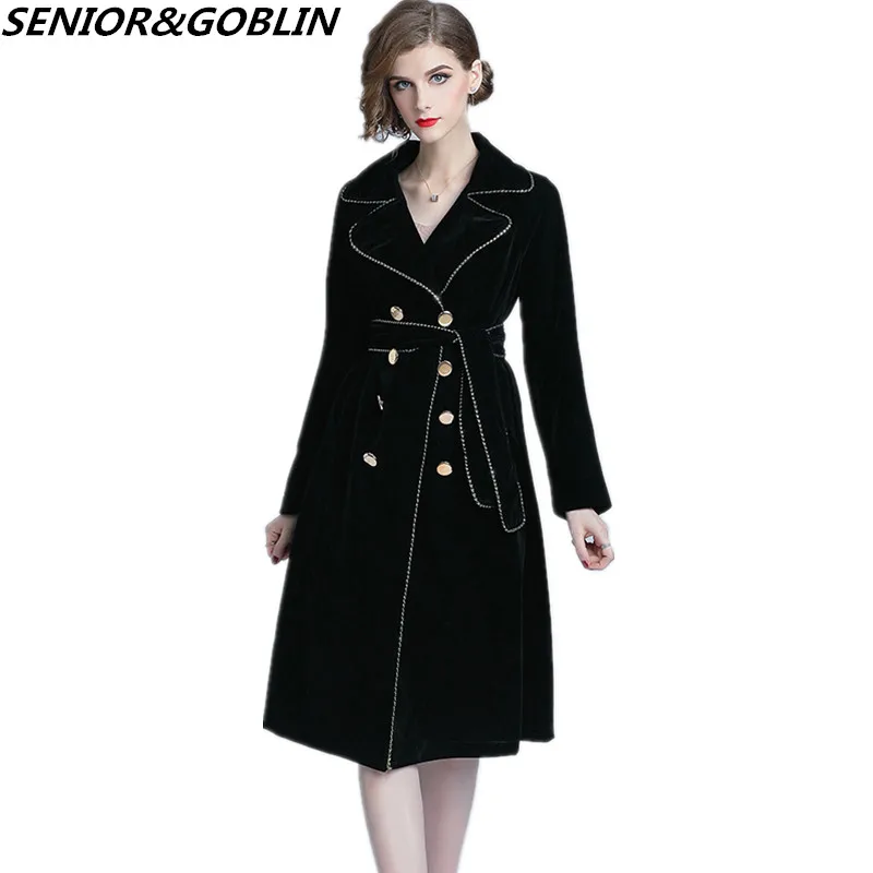 2021 High Quality Autum Winter Black Velvet Dress Women OL Office Midi