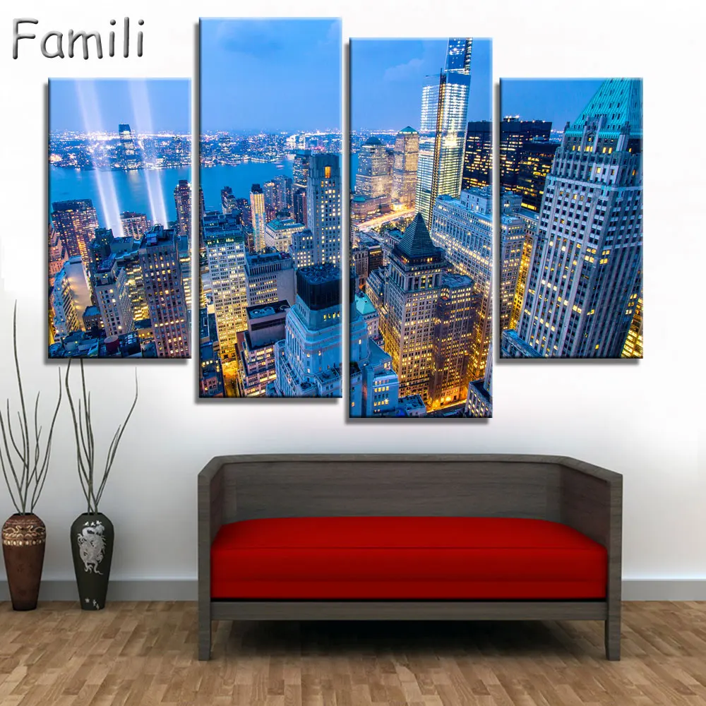 

Unframed Modern 4pcs Melamine Sponge Board Canvas Oil Painting New York City Night View Pictures Seascape Living Room Wall Art