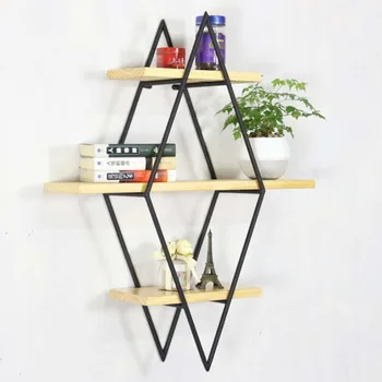 

Living room diamond bookshelf iron art solid wood partition wall shelf bar bar wall decoration wall shelf 030 y