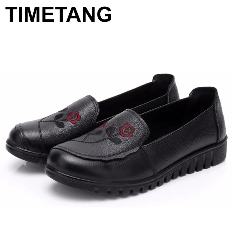 

TIMETANGFlat shoes women concise flower old style female shoes size 35-41genuine leather adult slip on forwoman spring shoesE532