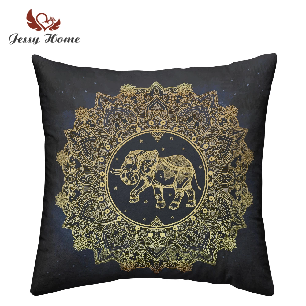 

Golden Elephant Mandala Cushion Cover Bohemia Moon Star Print Indian Exotic Pillow Case Throw Pillow Drop Shipping C15