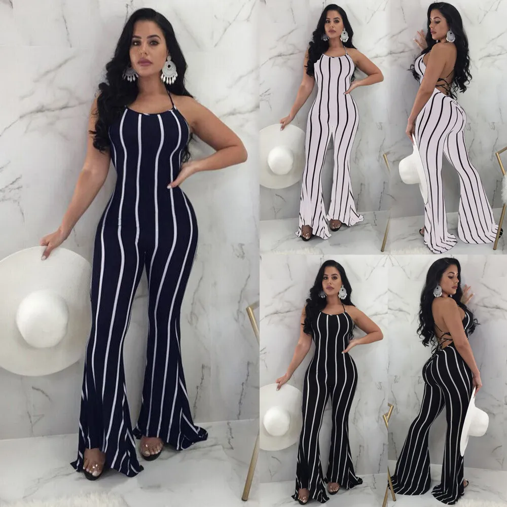 

Harajuku Women Pants Striped Clubwear Flare Wide-leg Party Sexy lace-up Trousers Skinny Casual Jumpsuit #72615