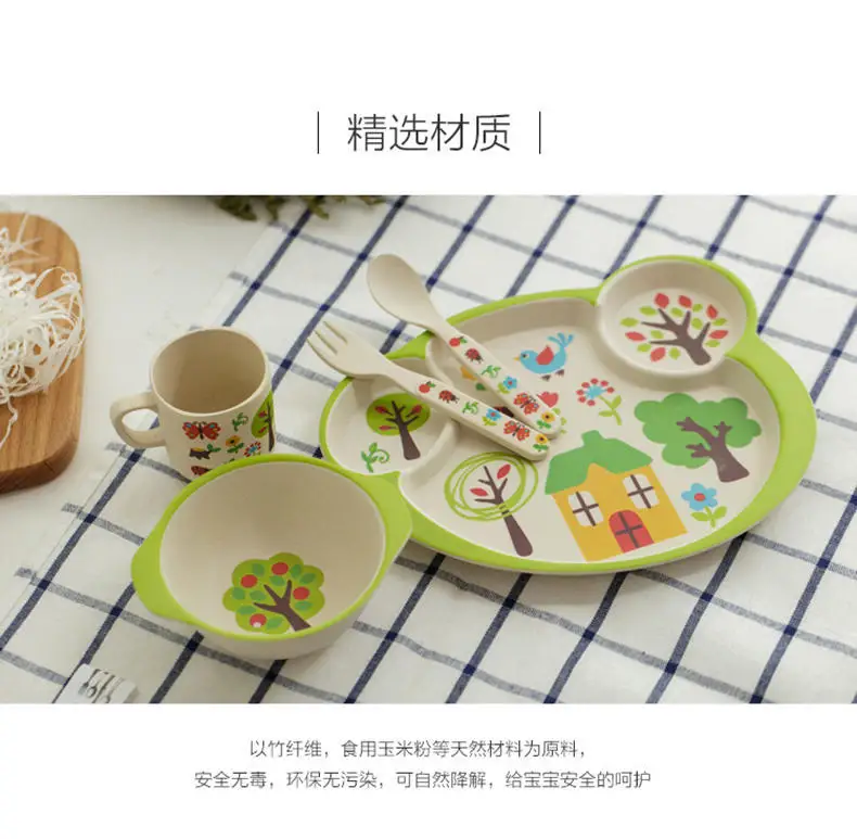 Ideacherry Детские Экологичные чаши набор BPA бесплатно 5 шт./компл. малышей Набор для кормления из бамбукового волокна; чаши посуда столовая ложка, вилка, набор столовой посуды