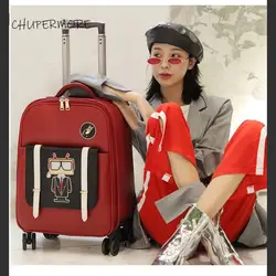 100% искусственная кожа Скалка багаж Спиннер 18 дюймов креативный бренд чемодан колеса женские дорожные сумки на колесах