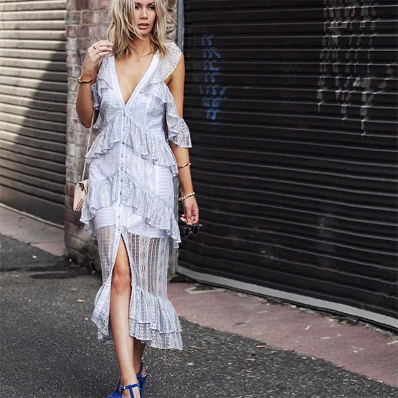 

HANZANGL Silver Blue Lace Dress 2019 Summer Runway Dresses Sexy Spaghetti Strap V-neck Ruffle Mermaid Long Party Vintage Dress