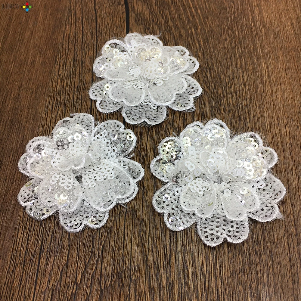 

10pc White 3D Flower Embroidery Patch Sew On Chiffon Sequin Embroidered Applique Clothes Patches For Clothing Parches AC1382