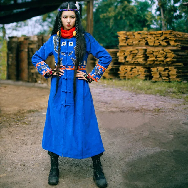 Cheap BOHOCHIC Original Vintage Ethnic Bohemian Mongolian Tibetan Corduroy Embroidery Coat Women Long Parka Blue AHZ0074D Boho Chic