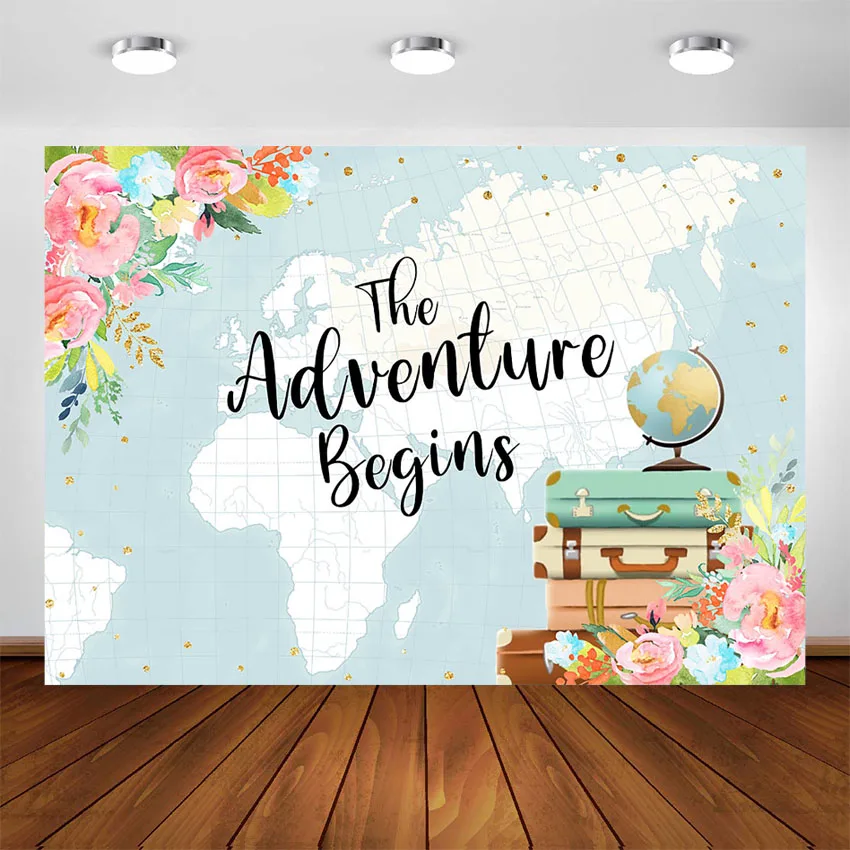 CSFOTO 10x8ft World Map Backdrop The Adventure Begins Floral Luggages Tellurion Birthday Party Background for Photography Children Kids Baby Shower Photo Wallpaper 