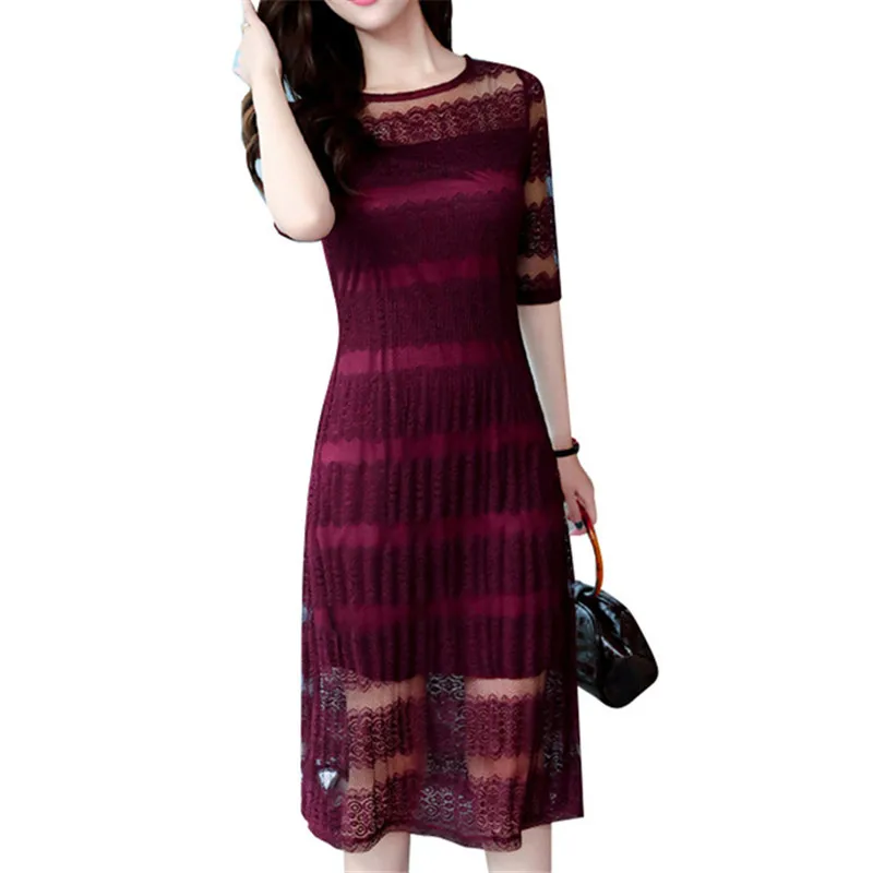 

2018 Fashion Summer Lace Dress Work Casual Slim Women Party Dresses O-neck Sexy Hollow Out A-line Vintage Vestidos Plus Size