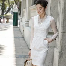 Формальные формы стили 2 шт. комплект с платьем и блузками бизнес для женщин Рабочая одежда офисные женские блейзеры модные в полоску